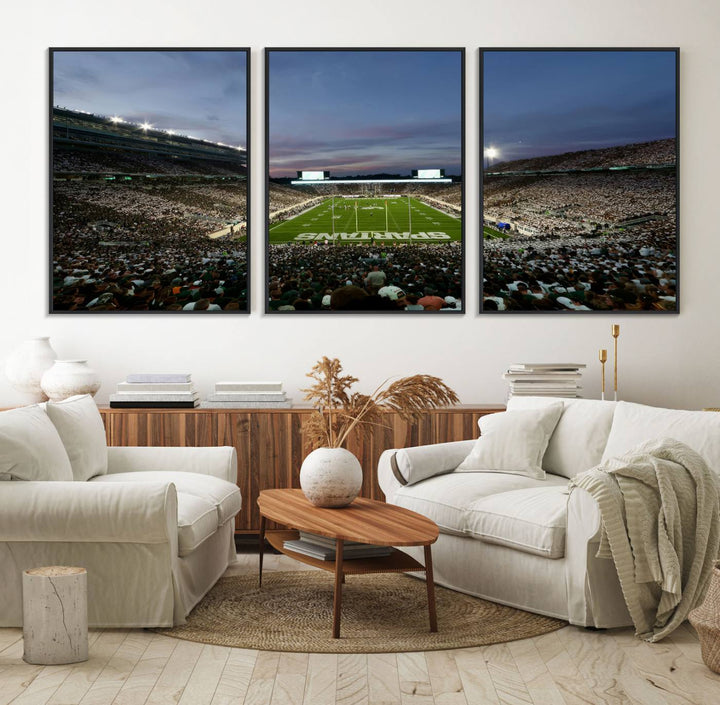 Wall art featuring a stadium at dusk with full stands—ideal for the Michigan State Spartans Football Team Canvas Print.