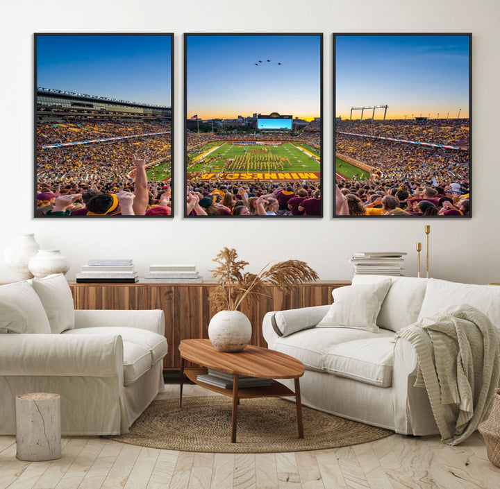 Canvas wall art featuring the University of Minnesota Football Team print, showcasing Huntington Bank Stadium at sunset with jets overhead.