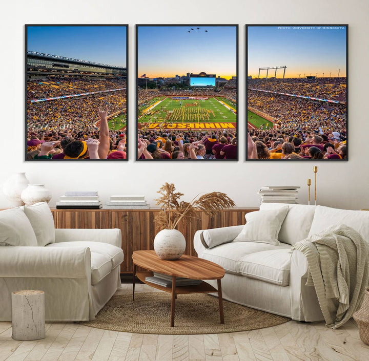 The University of Minnesota Golden Gophers Football Team Print, capturing a sunset scene, is ideal for gallery-quality wall art.