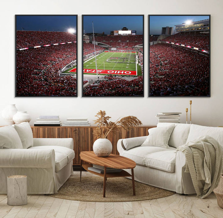 Premium gallery-quality canvas wall art featuring an aerial view of a packed Ohio State stadium at dusk, highlighting the Buckeyes.