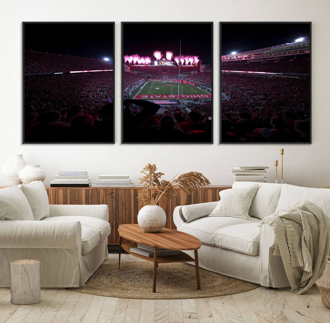 Premium canvas wall art featuring Ohio State University Buckeyes football stadium and fireworks.