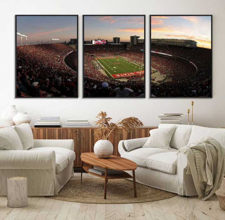 The canvas wall art captures a stunning stadium view of a sunset over Ohio State University Buckeyes football fans.