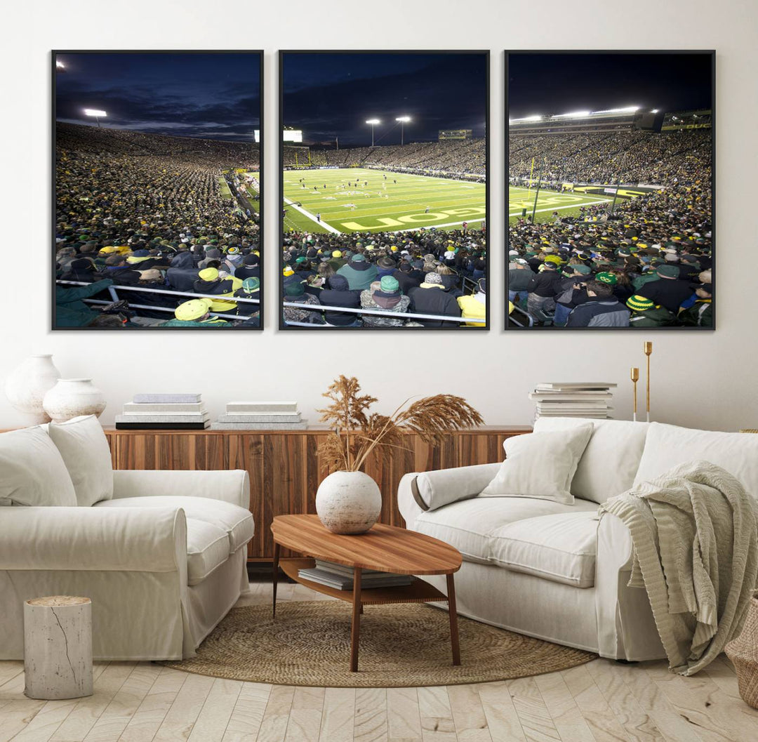 Under bright lights, a University of Oregon Ducks Canvas Print captures the excitement of fans packing Autzen Stadium for a night football game.