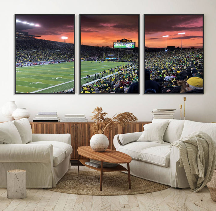 This stunning wall art print captures a vibrant sunset at Eugene Autzen Stadium.