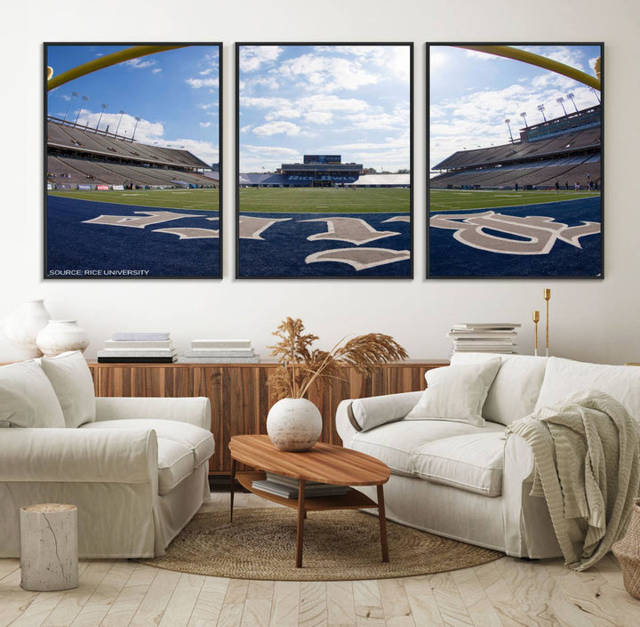 Fish-eye view of an empty stadium, ideal wall art on premium canvas: Rice University Owls Football Team Print.