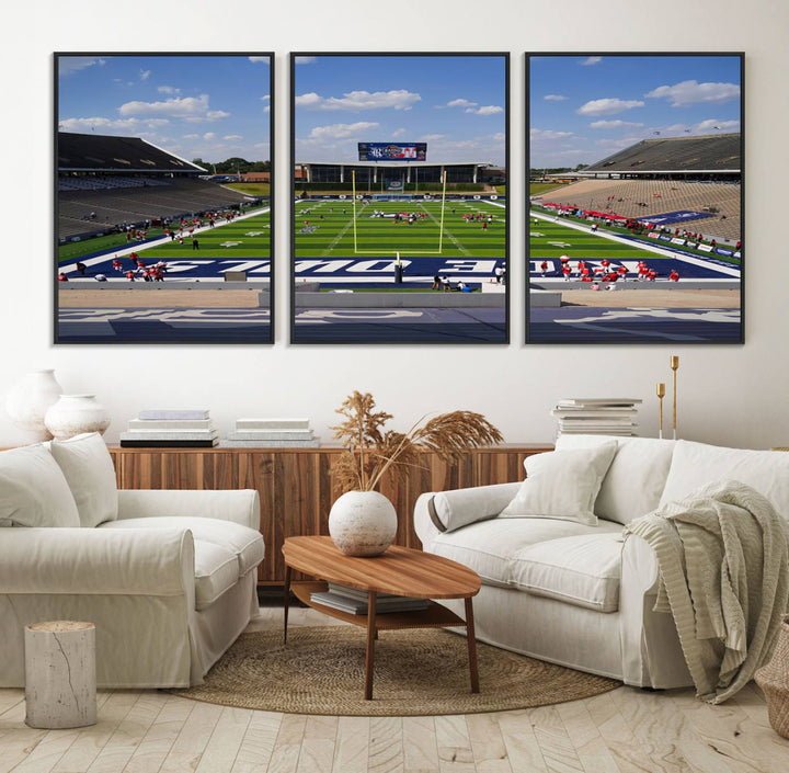 Rice Stadium print: This artwork features a football field with empty stands and a gallery-quality finish under a clear blue sky.