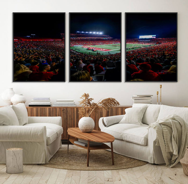 A premium canvas wall art print depicting Rutgers Scarlet Knights SHI Stadium filled with fans under vibrant lights.