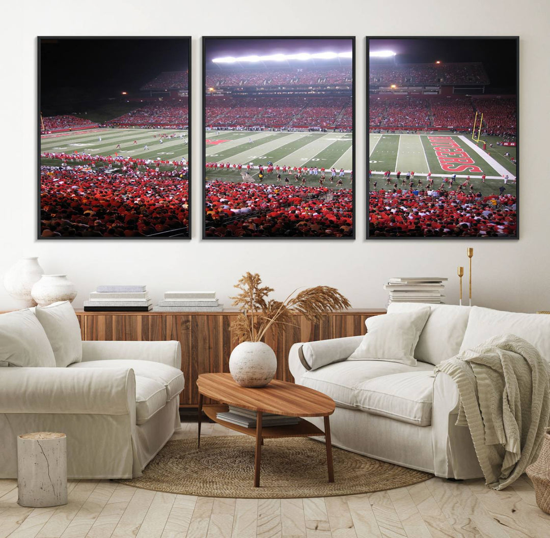 A bustling night game at SHI Stadium is captured as Rutgers Scarlet Knights wall art on a gallery-quality canvas print.