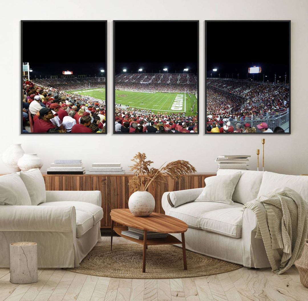 This Stanford University Cardinal Football Team canvas print, depicting fans in red filling Stanford Stadium at night, is perfect.