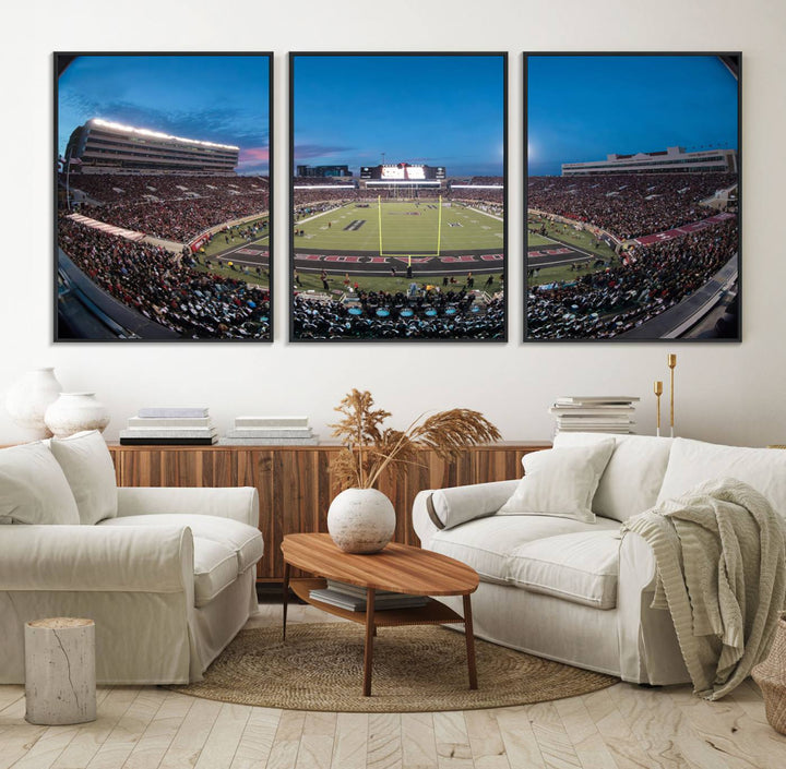 The wall art in the living room features a Texas Tech Red Raiders Football Team Print, showcasing Jones AT&T Stadium at dusk.