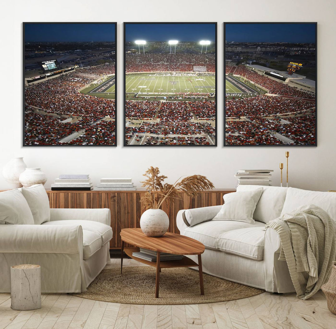 Canvas wall art featuring an aerial view of the Texas Tech Red Raiders packed night game at Lubbock’s Jones AT&T Stadium.