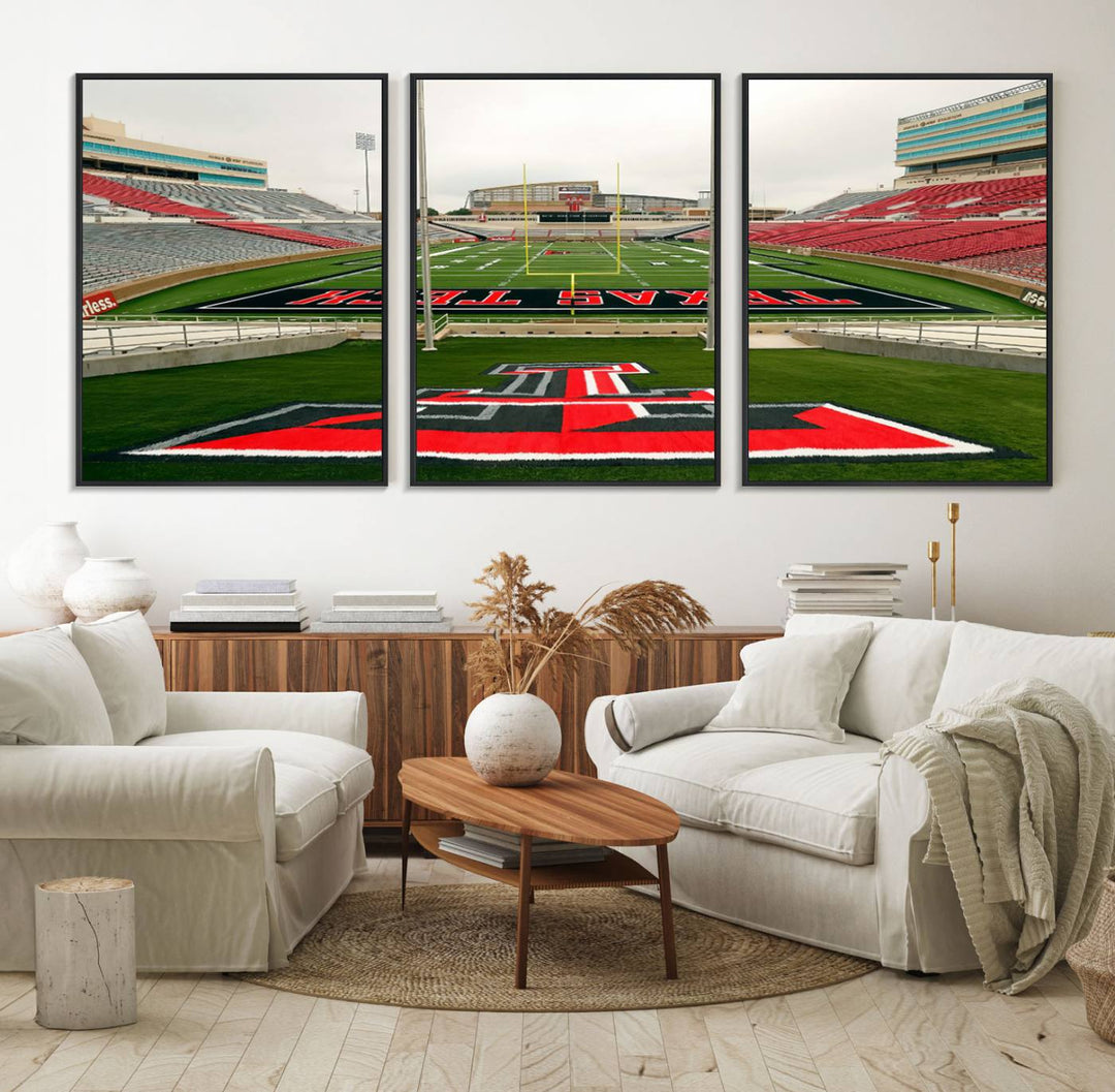 Gallery-quality print of Lubbock Jones AT&T Stadium featuring the Texas Tech Red Raiders field, highlighted by red and gray bleachers.