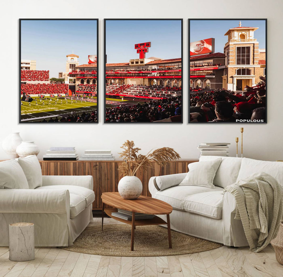 The three-panel Jones AT&T Stadium wall art is ideal for enhancing the living room decor of college football fans.