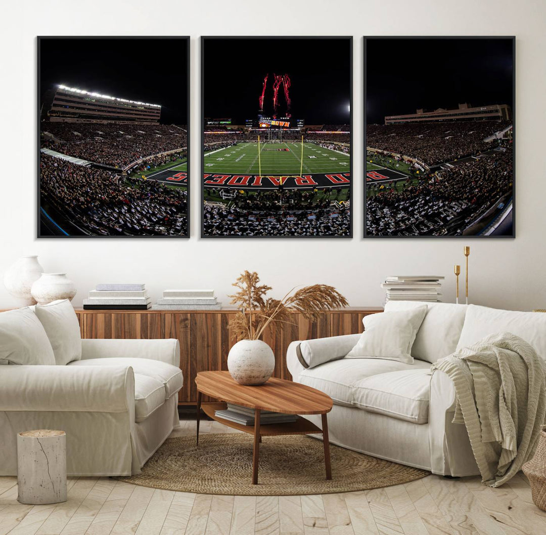 The wall features a Texas Tech Red Raiders Football Team Print on canvas, showcasing fireworks over a packed stadium at night.