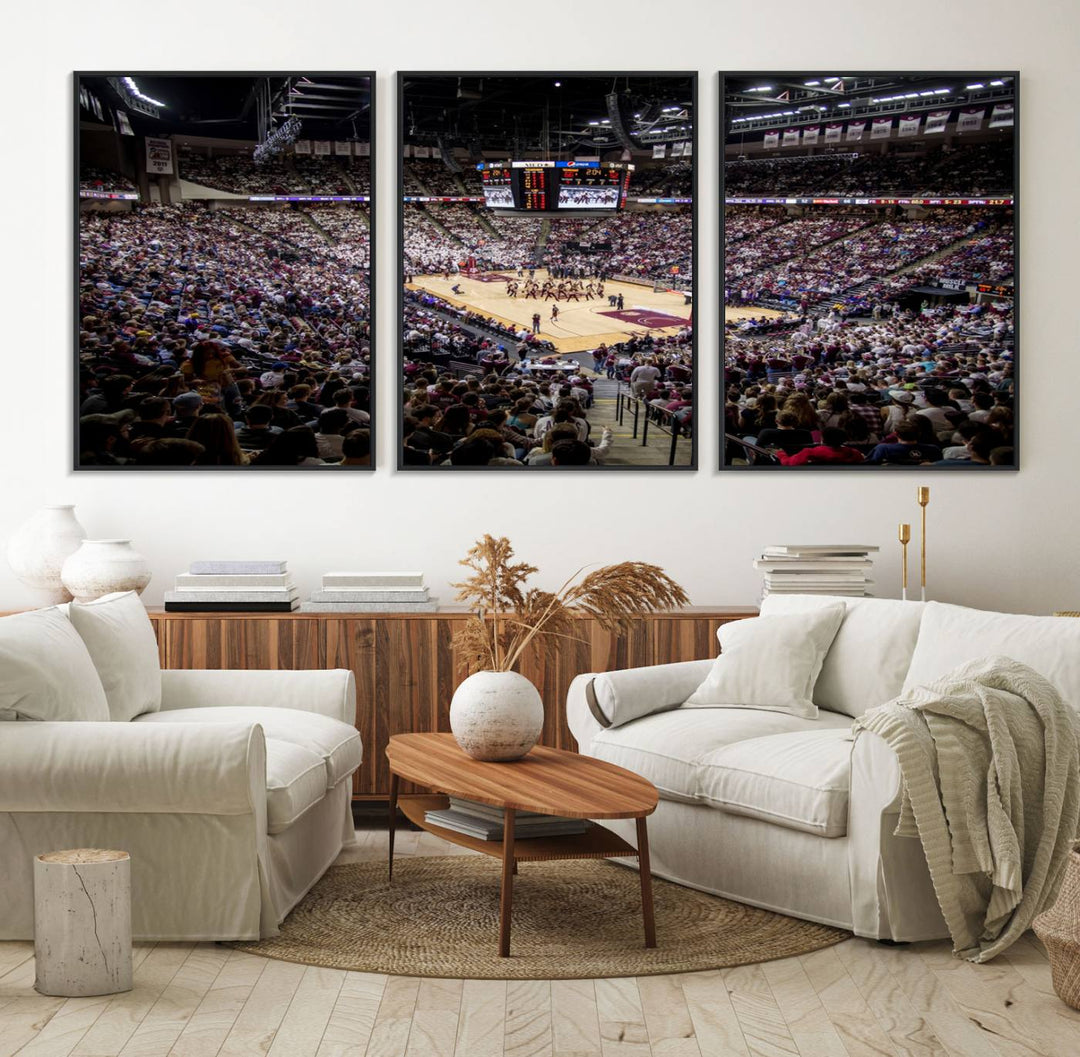 The Nebraska Basketball Arena Wall Art Canvas features an arena filled with Cornhuskers fans and players beneath a scoreboard.