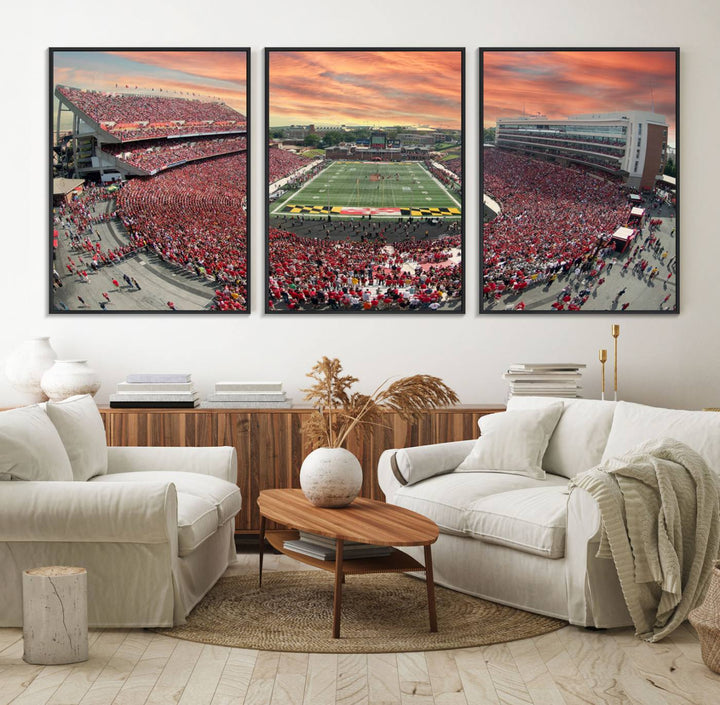 A packed SECU Stadium at sunset, ideal for your University of Maryland Terrapins Football Team wall art canvas print.