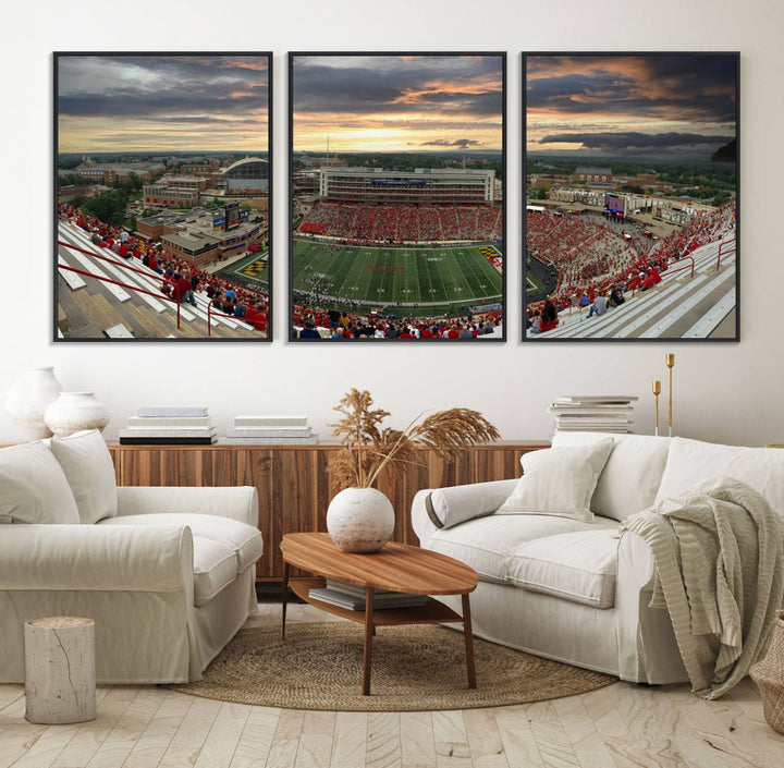 The University of Maryland Terrapins Football Team Print features SECU Stadium at sunset with vibrant skies.