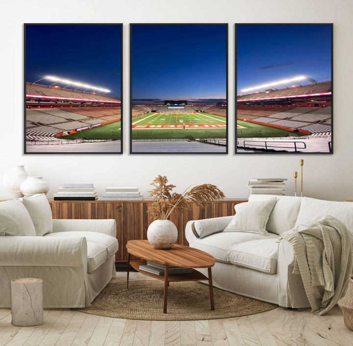 A large SHI Stadium at dusk, ideal for a Rutgers Scarlet Knights Football Team canvas print.