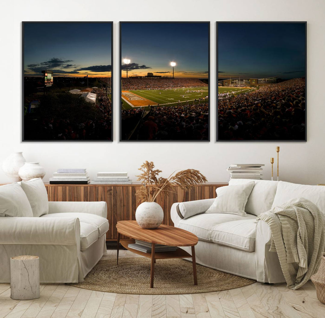 Ball State Cardinals Football Team Print - Muncie Scheumann Stadium Canvas featuring a sunset, floodlights, and lively crowd.