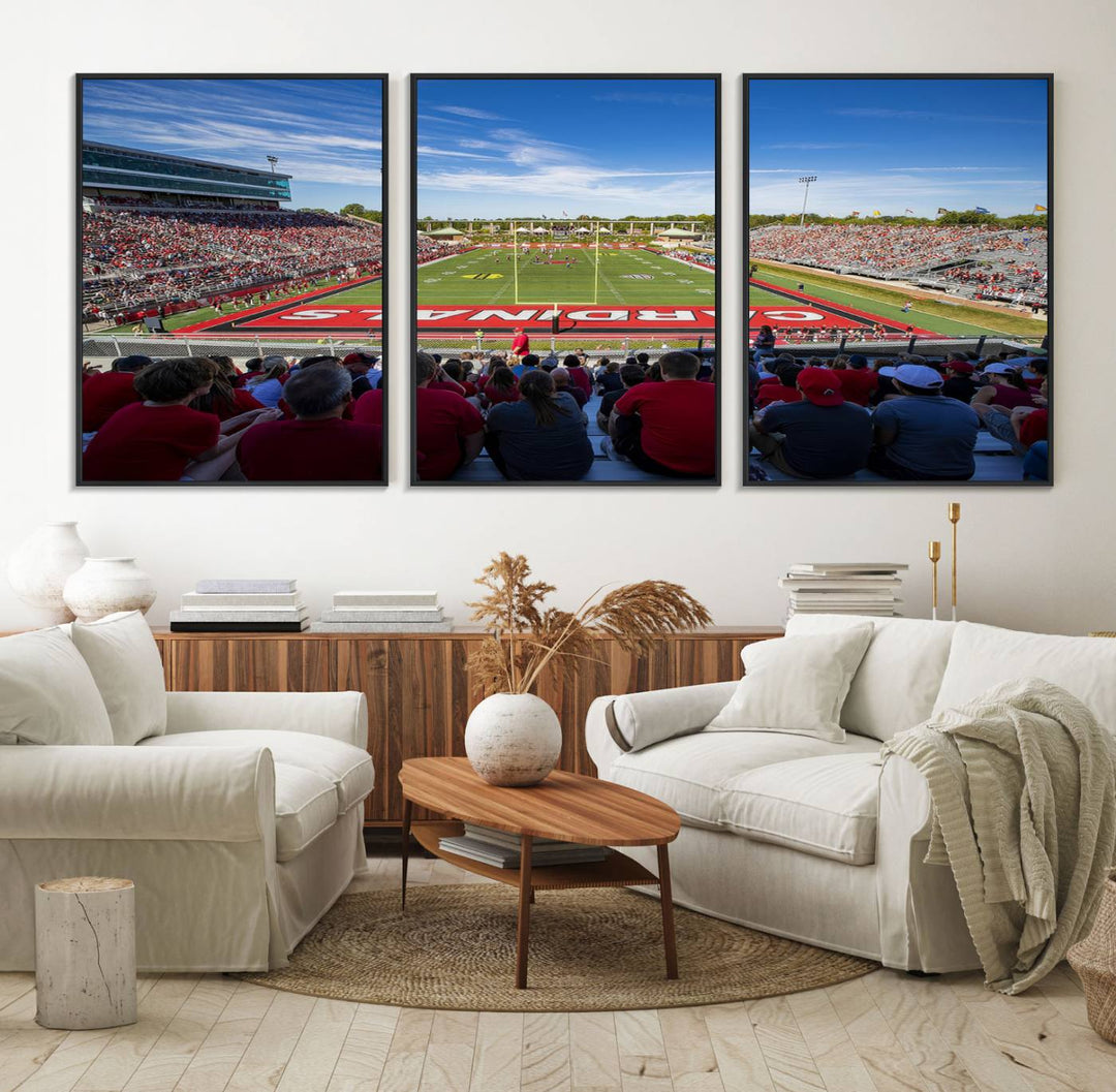 The Ball State Cardinals wall art on canvas depicts fans in red at Scheumann Stadium.