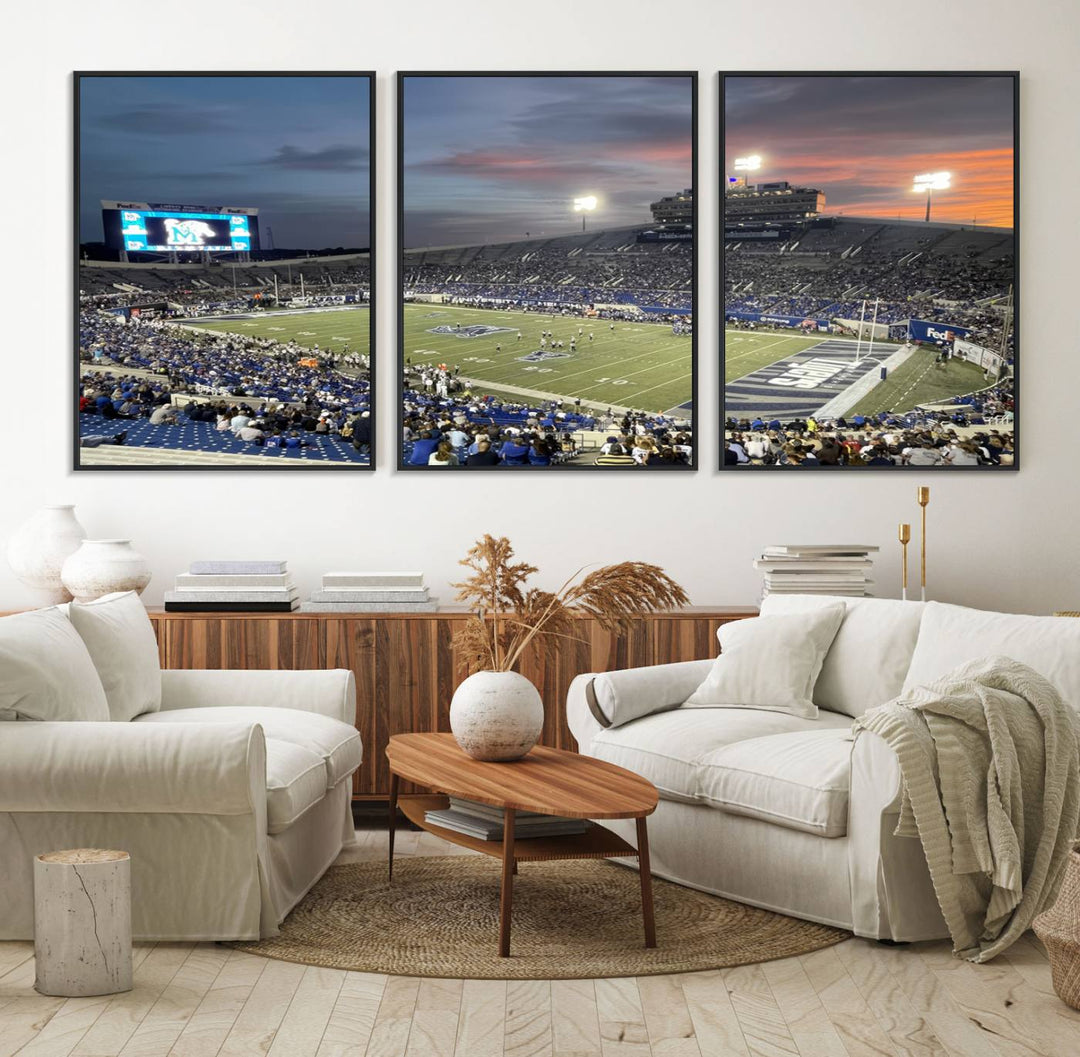 A Memphis Tigers football canvas print of Simmons Bank Liberty Stadium at sunset enhances the living room.