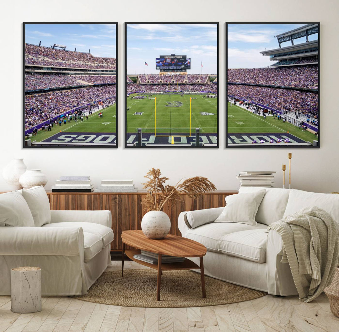 The TCU Horned Frogs print portrays a vibrant Amon G. Carter Stadium, filled with energy and game action.