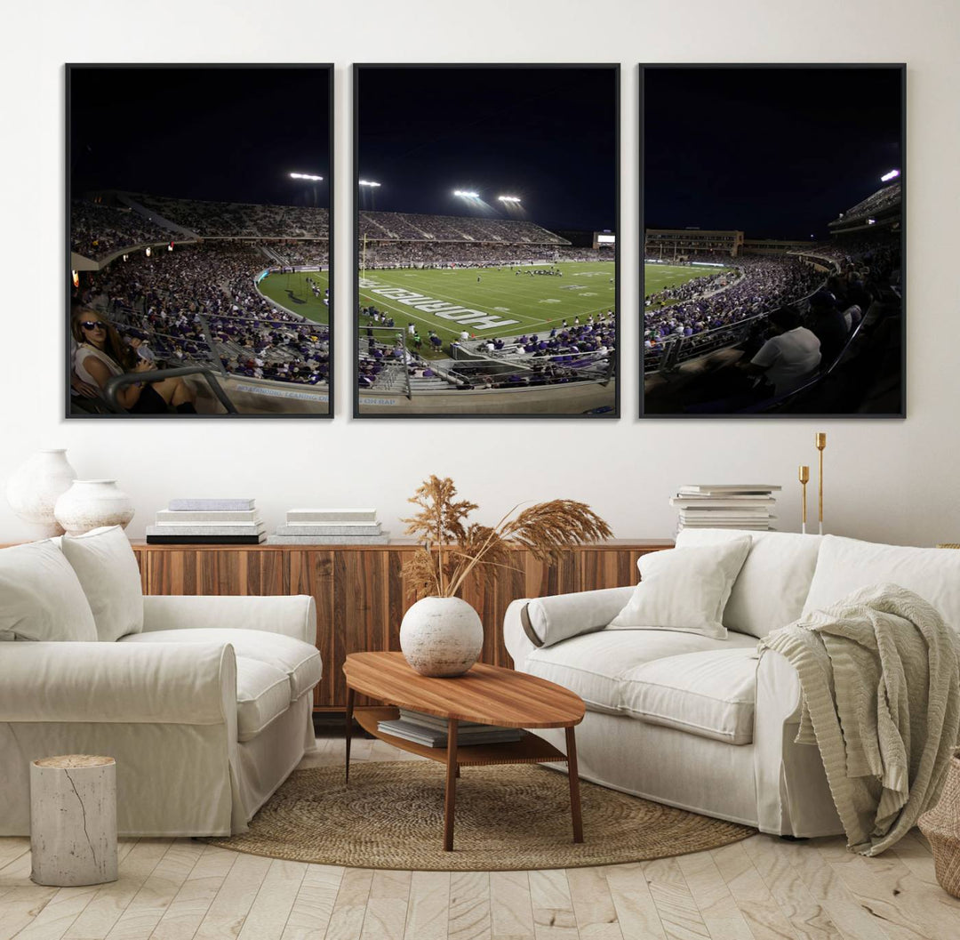 The wall art print features a night view of Amon G. Carter Stadium filled with TCU fans, showcased in the Horned Frogs Football Canvas Wall Art.