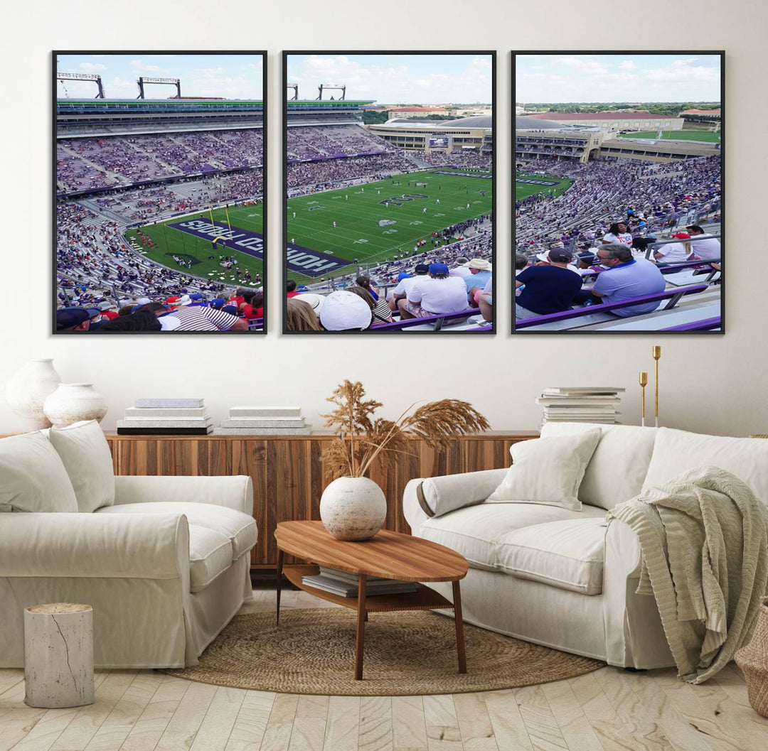 Amon G. Carter Stadium wall art canvas showcasing the TCU Horned Frogs and packed stands at Fort Worth.