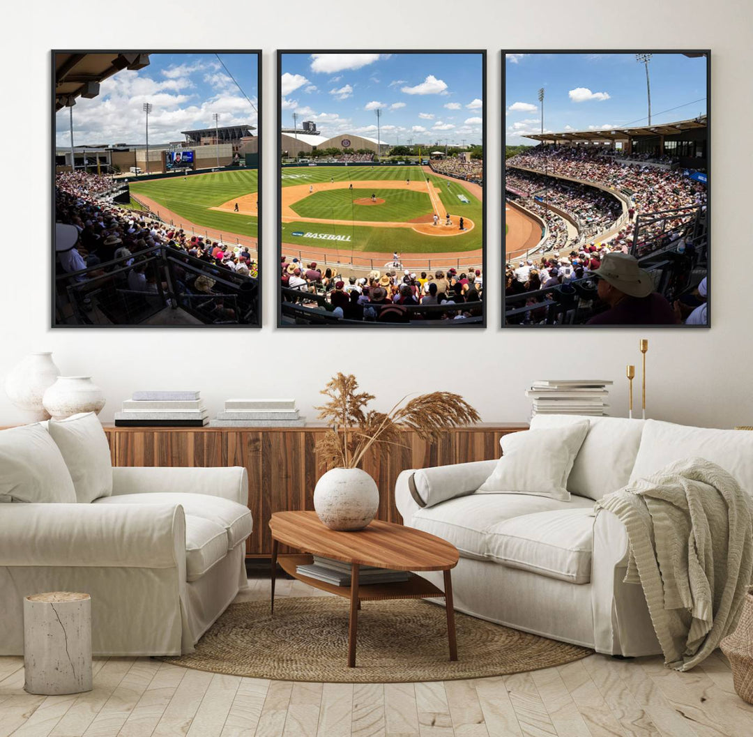 A baseball stadium under a blue sky, capturing the energy of The Texas A&M Aggies Athletics Kyle Field Wall Art.