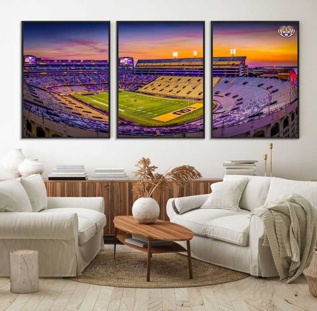 A canvas print of Tiger Stadium at sunset, depicting an empty field and stands, adorns the wall.