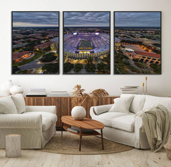 The LSU Tigers Football Team Baton Rouge Tiger Stadium Canvas is displayed prominently, capturing attention with its vivid depiction of the iconic stadium.