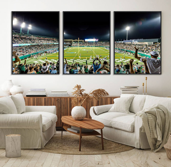 This vibrant wall art canvas print captures the excitement of fans cheering for the Tulane Green Wave Football Team under the lights of Yulman Stadium.