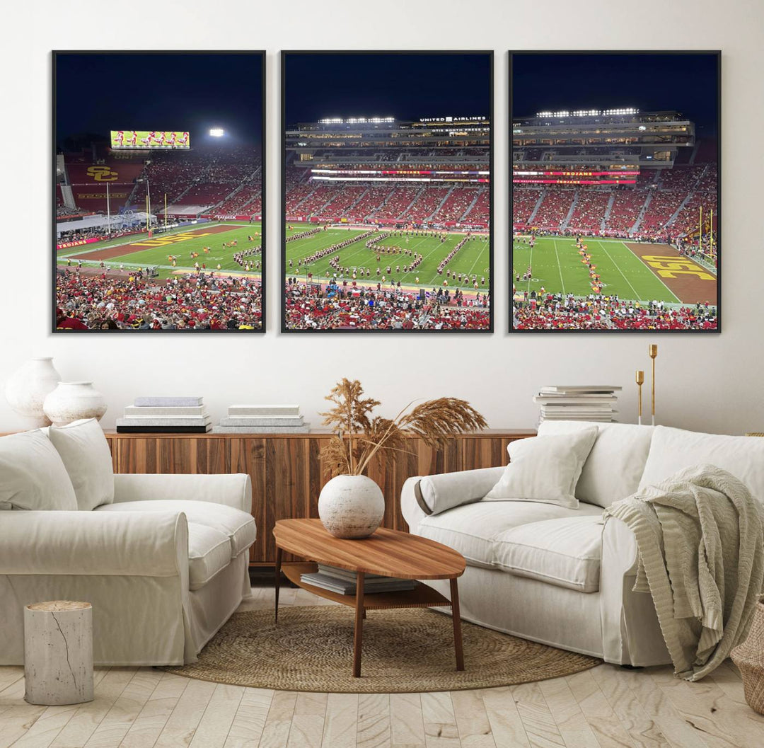 Canvas print depicting a packed stadium at night with a marching band forming USC, celebrating the Trojans at Los Angeles Memorial Coliseum.