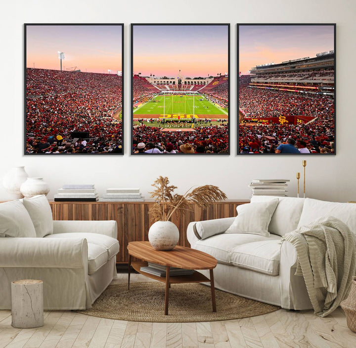 A USC Trojans wall art canvas print highlights the scene, depicting the Coliseum Stadium at sunset.