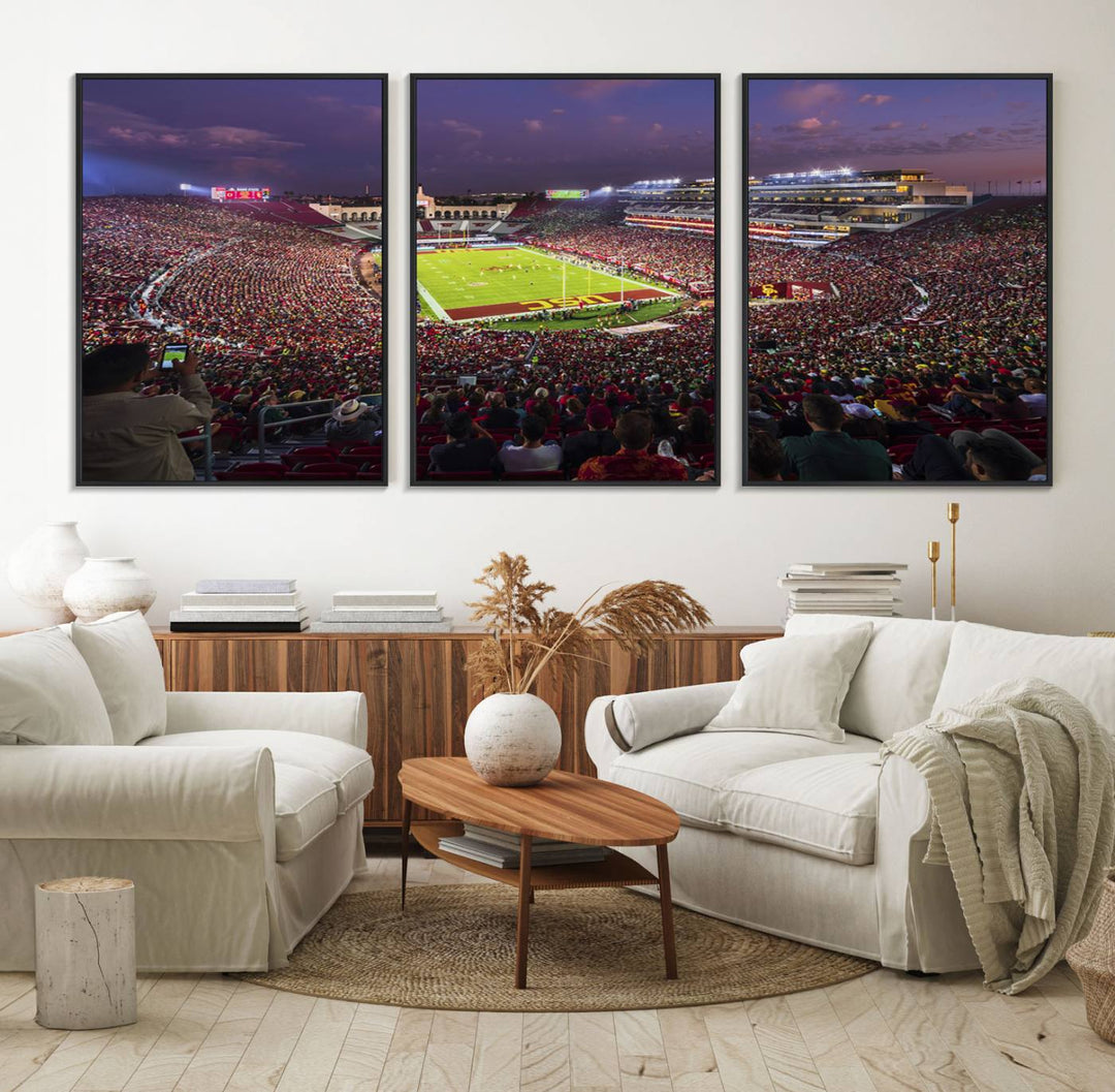 The vibrant wall art canvas print captures the USC Trojans playing under lights at dusk in LA Memorial Coliseum.