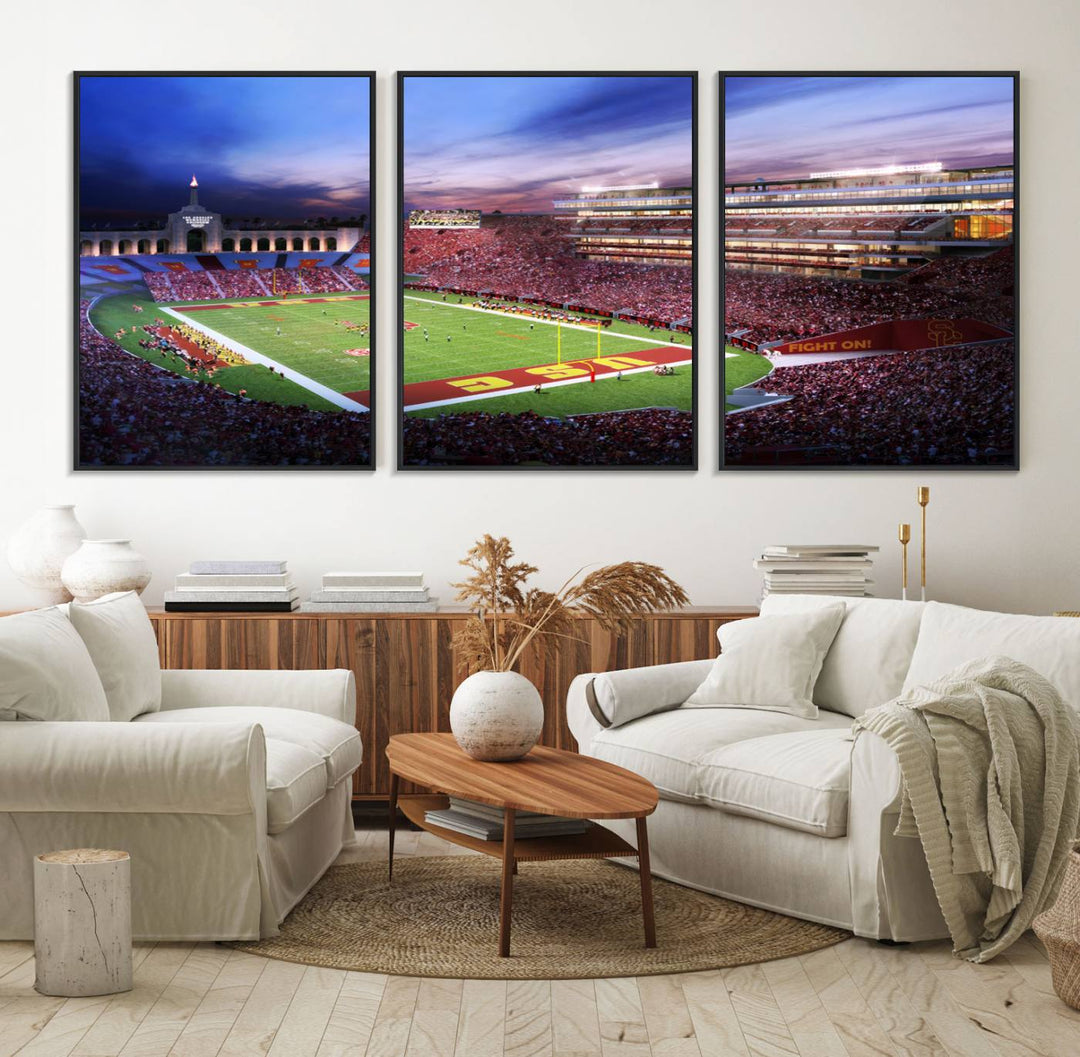 A vibrant painting of fans cheering for The University of Southern California USC Trojans under bright stadium lights.