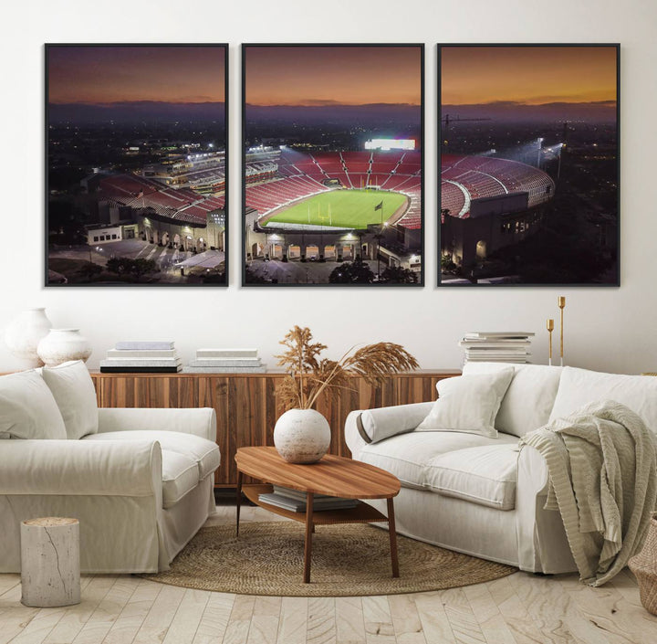 The USC Trojans Stadium canvas captures Memorial Coliseum at twilight, showcasing red seats and a green field beneath an orange sky.