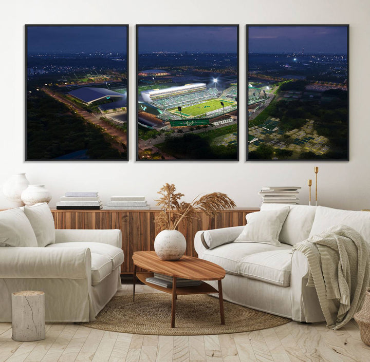 The USF Bulls Football Team Wall Art Canvas Print showcases the Tampa USF Football Stadium at night with city lights.