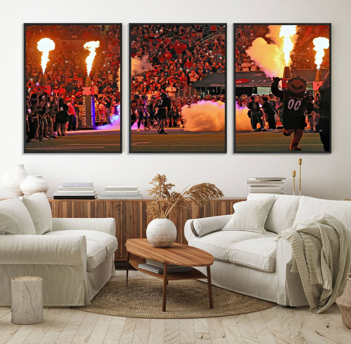 This canvas print captures the UTSA Roadrunners storming the Alamodome under smoke and fire.