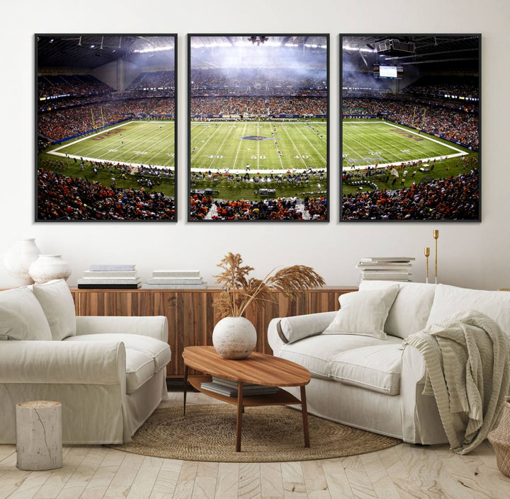 The modern living room features an Alamodome wall art canvas print, depicting a stadium filled with spectators for a UTSA Roadrunners game.