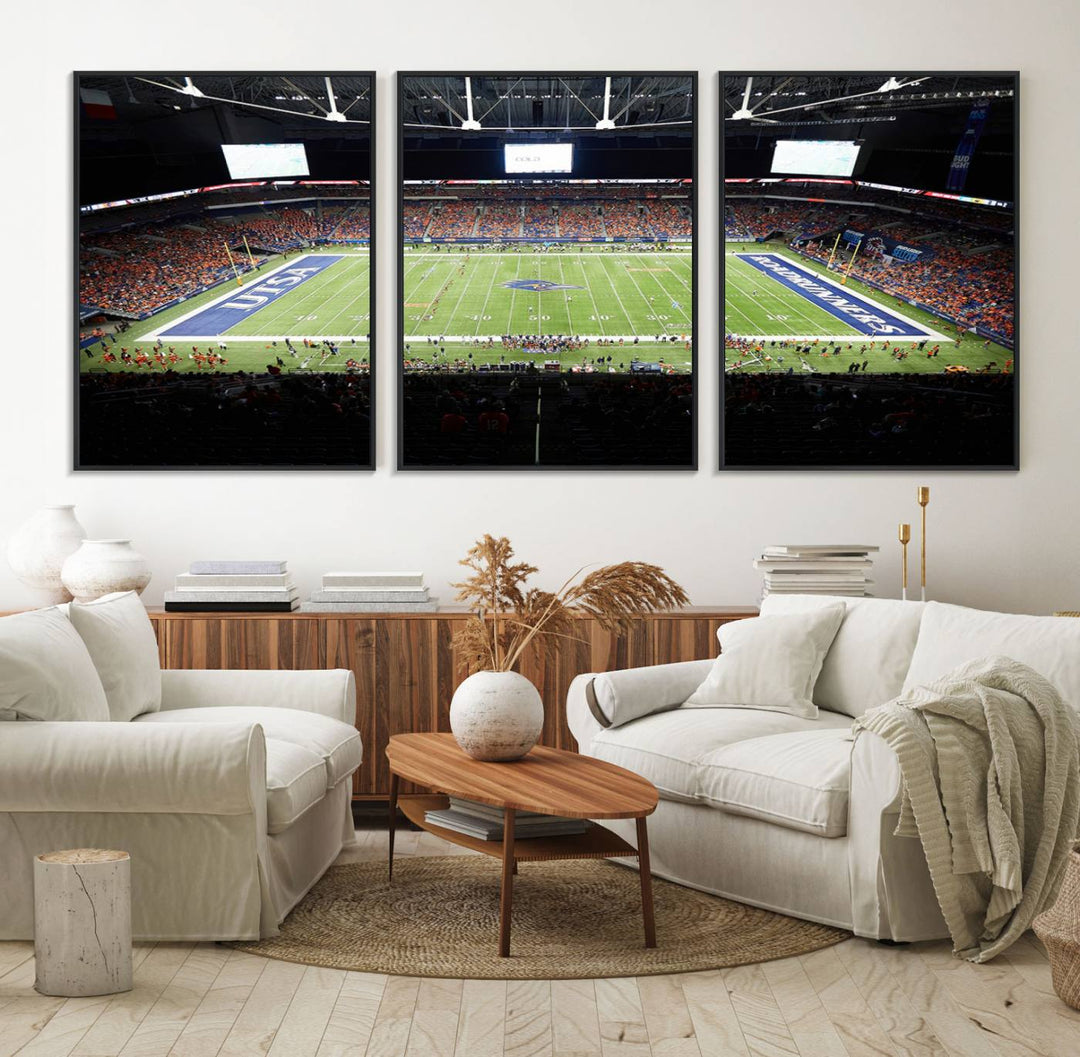 The UTSA Roadrunners game at Alamodome canvas print captures the scene from above, displaying fans and the UTSA lettering on the field.