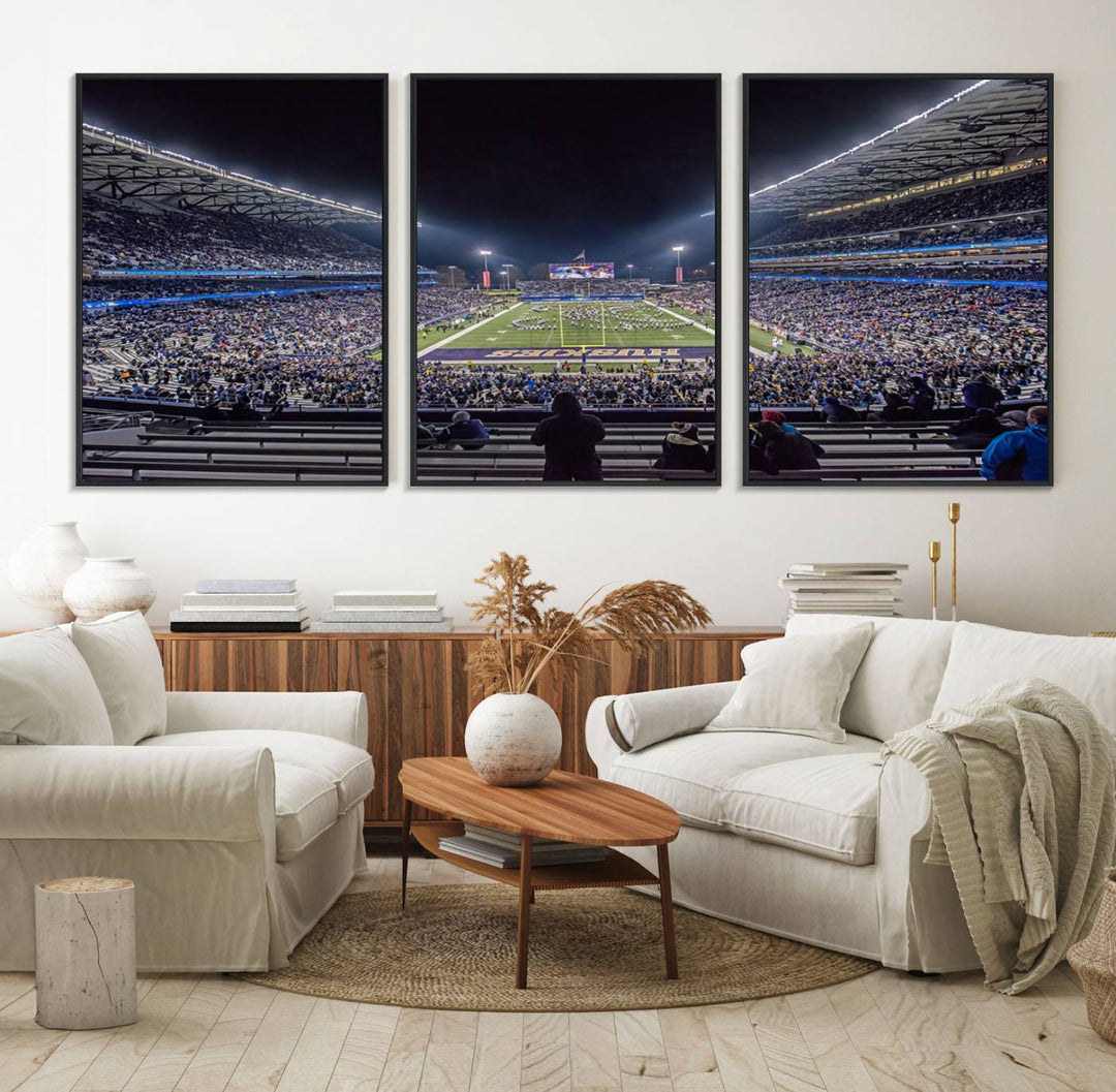 A canvas print titled The University of Washington Huskies Football depicts a packed Husky Stadium at night, as seen from the stands.