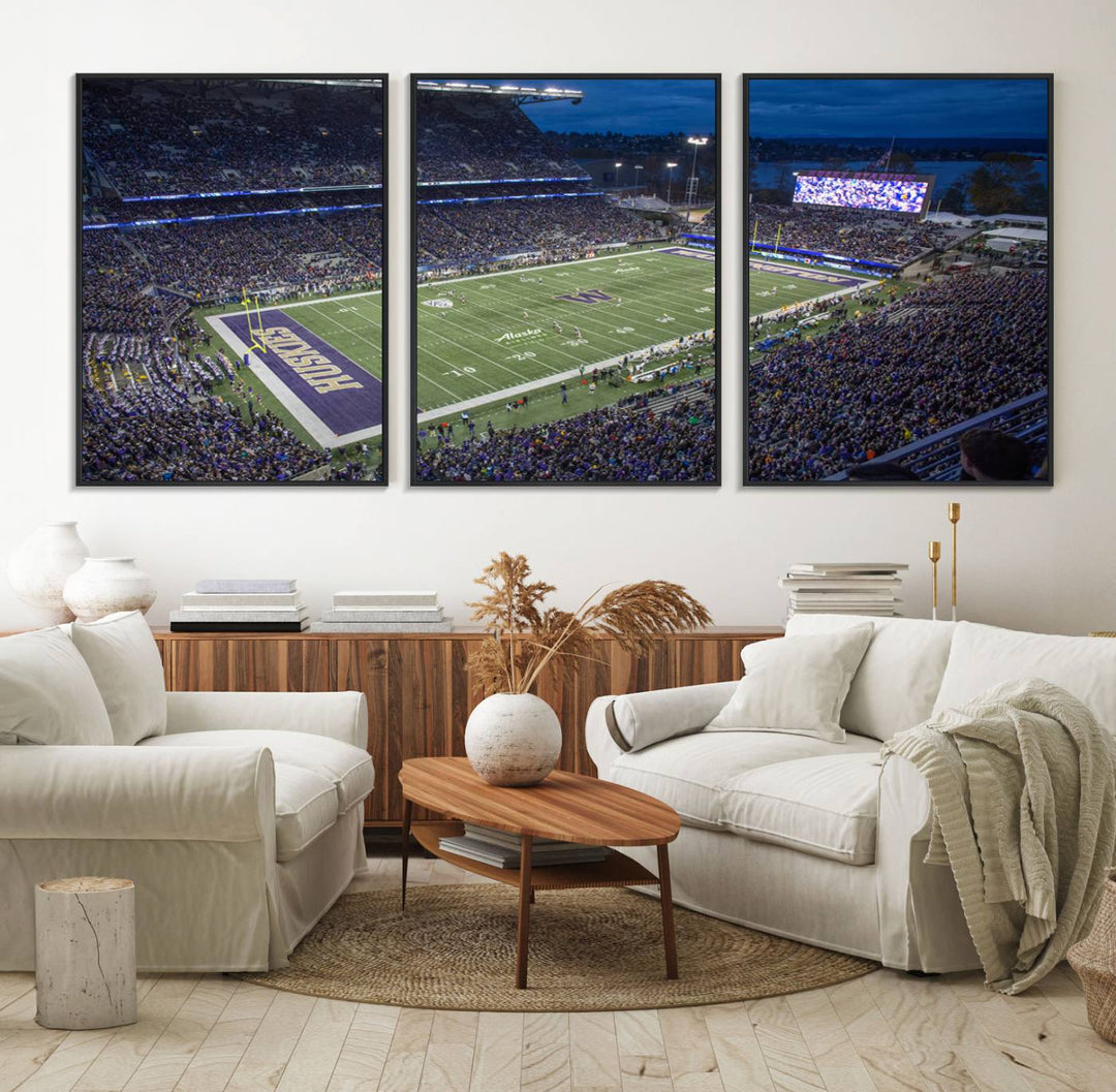 The University of Washington Huskies Football Team Print: Seattle Husky Stadium Wall Art Canvas captures a dusk stadium view.