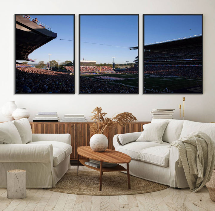 The University of Washington Huskies wall art print depicts Husky Stadium coming alive with fans as flags flutter.