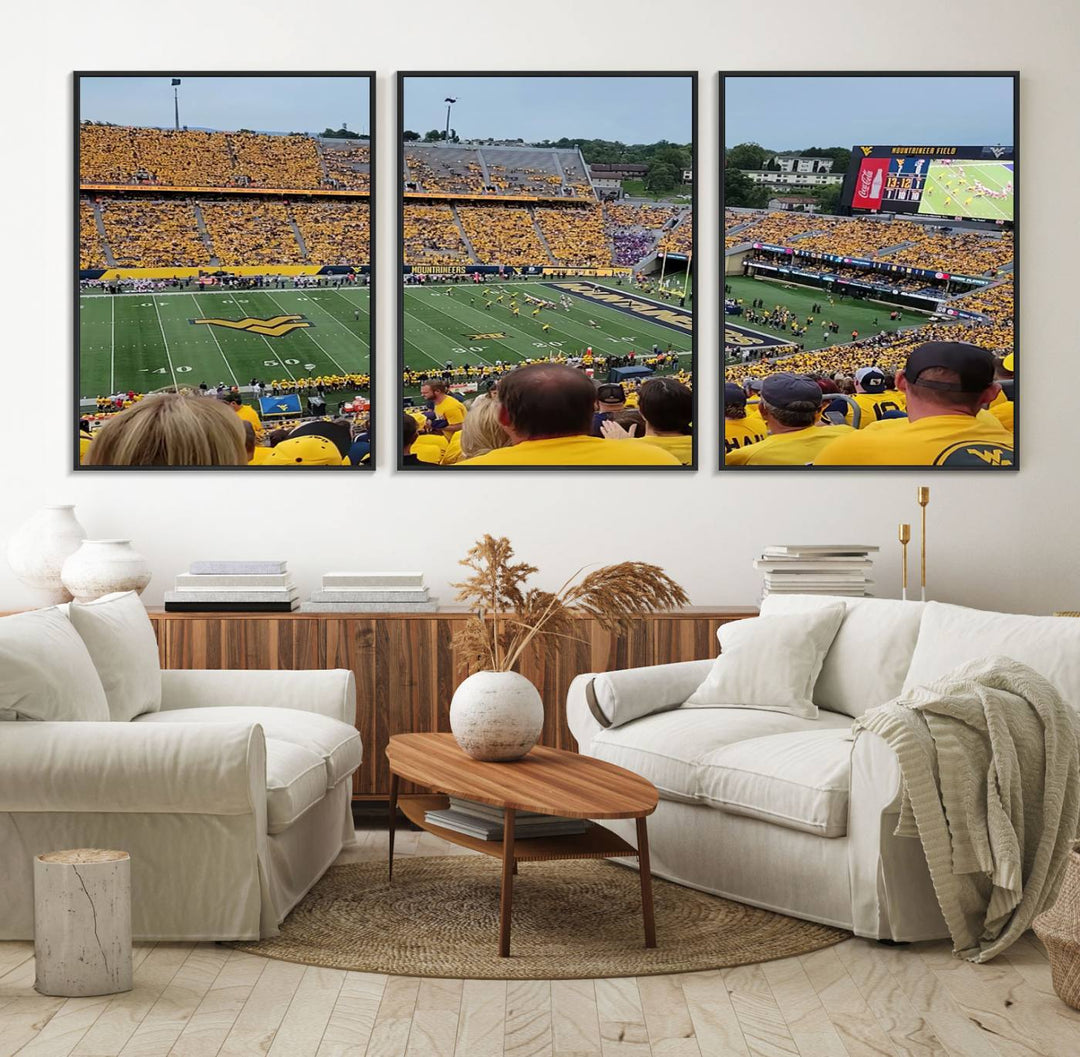 A Puskar Stadium canvas print decorates the modern living room shelf.