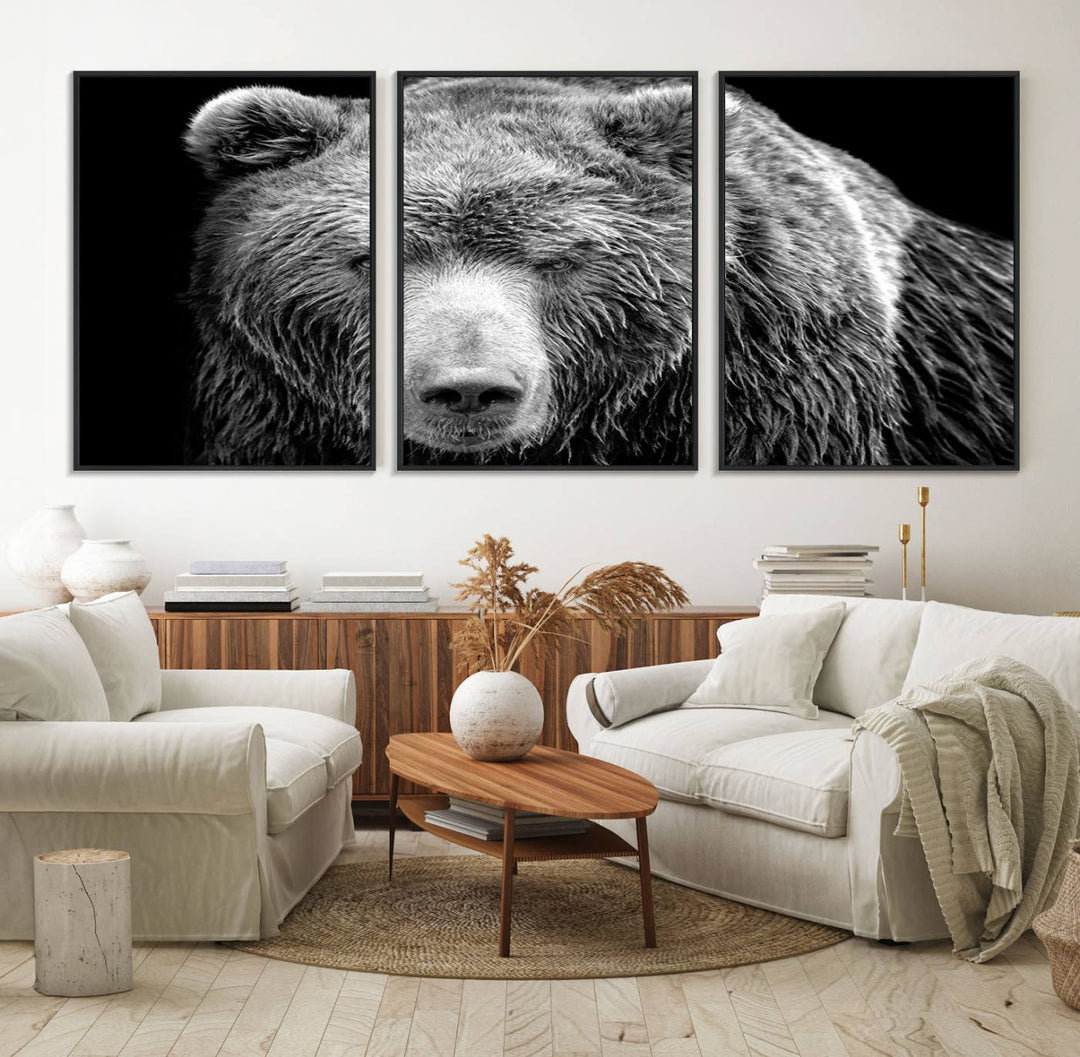 The 399 Grizzly Bear Canvas Print is displayed prominently on a wall in a modern living room.