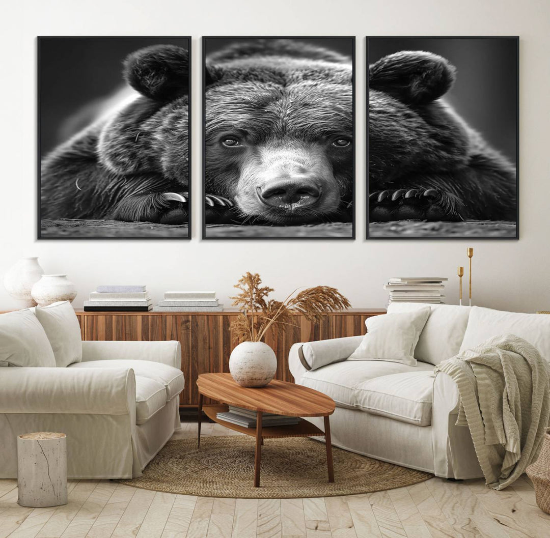 A black and white canvas print titled Resting Grizzly 399 Bear is displayed prominently.