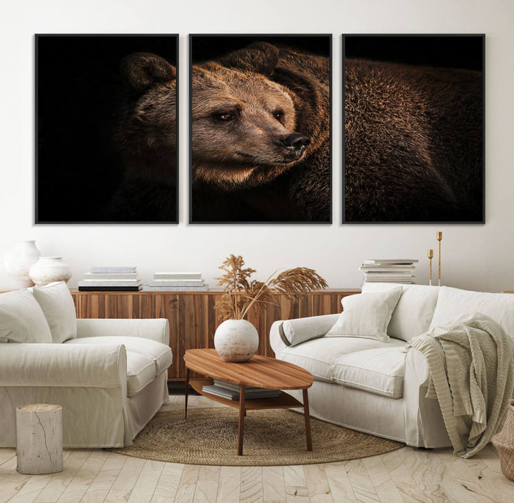 The Wild Grizzly 399 Bear Canvas Wall Art Print enhances modern living rooms with its neutral color palette.