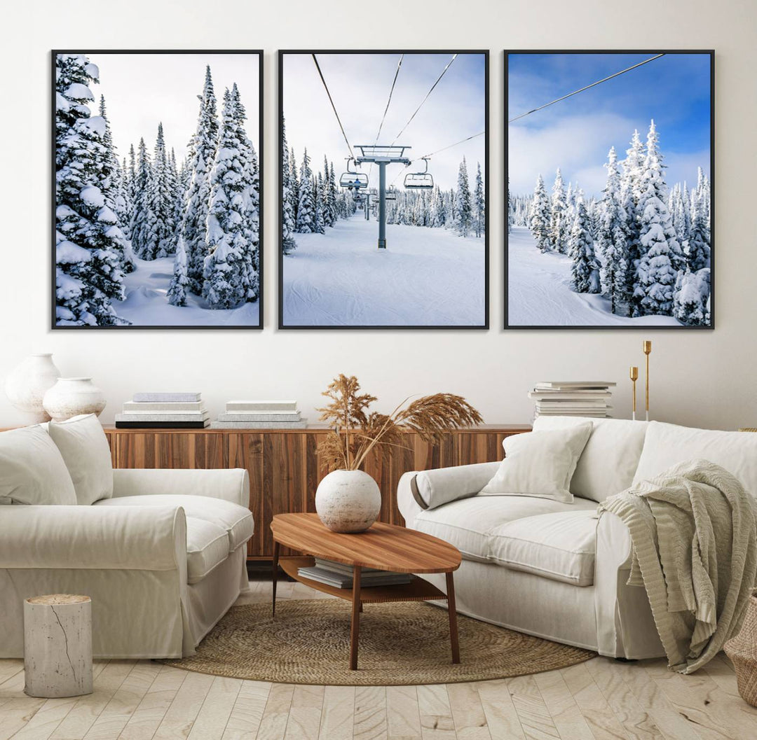 Winter Ski Lift Wall Art Print: Snowy Mountain Adventure, ideal for cabin or farmhouse decor under a clear blue sky.