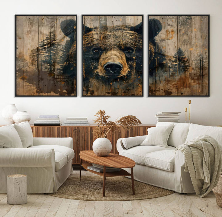 Abstract 399 Bear Wall Art showcases a bears face intertwined with forest trees, ideal for enhancing rustic lodge, cabin, or barn decor.